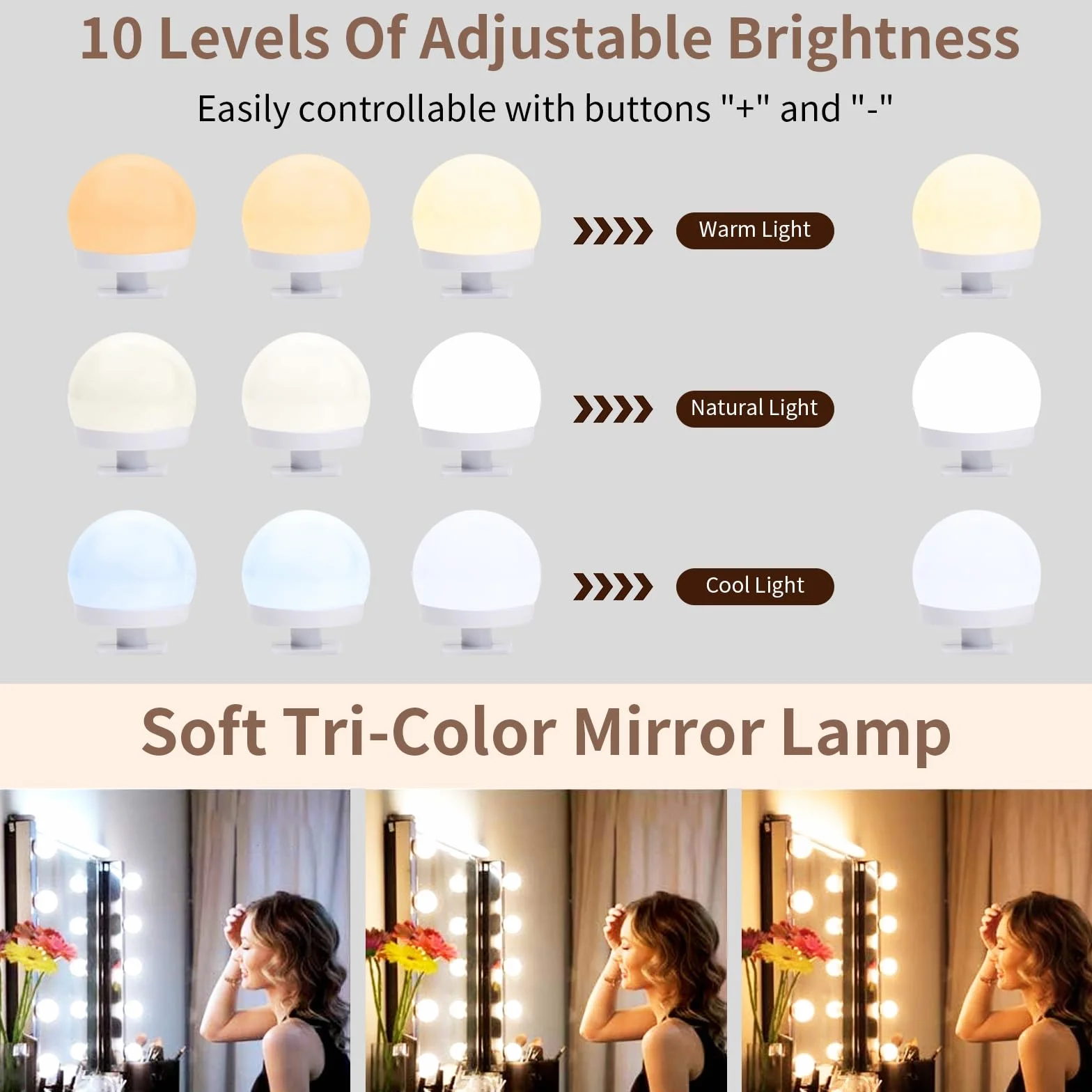 Jinlaili Luci da Specchio, 10 Lampadine Dimmerabili, Luci da Specchio a LED in Stile Hollywoodiano, Lampade da Toeletta, Lampada da Trucco a LED con 3 Colore, Luci per Trucco per Specchio Cosmetico