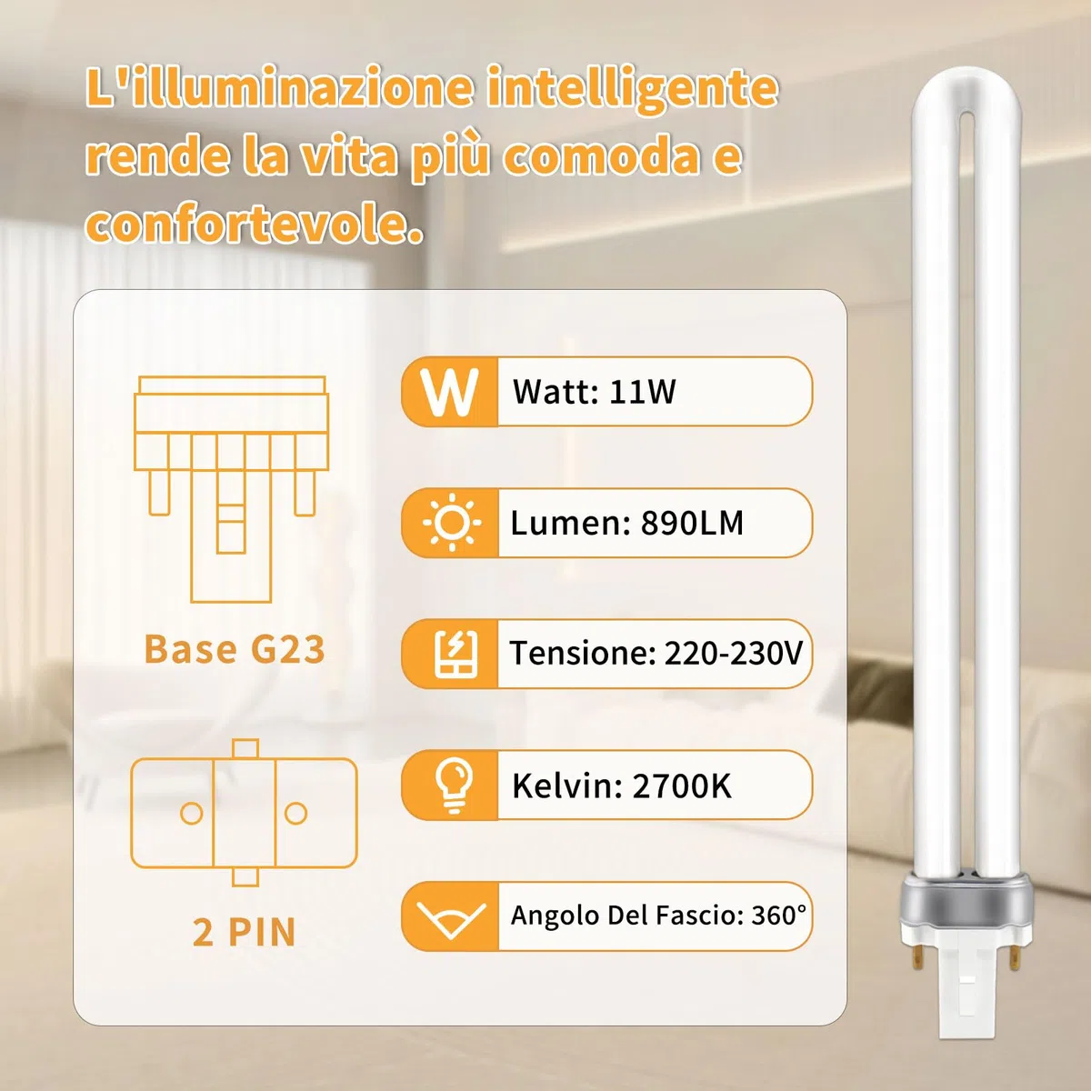 Lampada Fluorescente Compatta G23 2pin 11W, Bianco Caldo 2700K, Lampade a Risparmio Energetico CFL G23, Tubo a Forma di U, Applicabile a Soggiorno, Camera da Letto, Corridoio, Non Dimmerabile, 2 pezzi