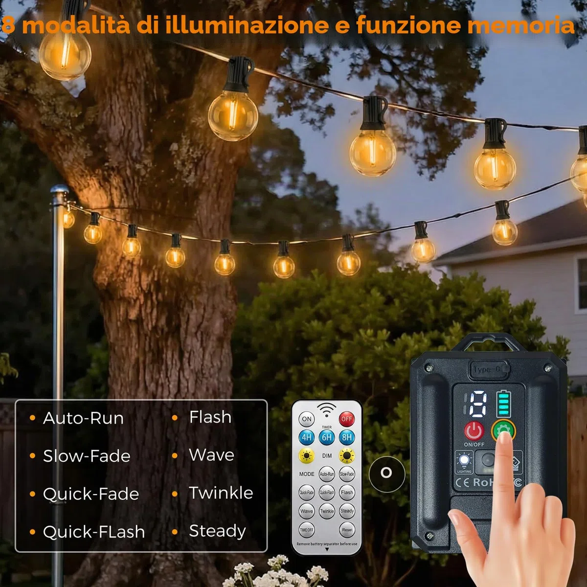 btfarm 5+3M Catena Luminosa Esterno Solare con Telecomando, Lampadine LED G40 Luci Solari da Giardino Impermeabile, 8 Modalità Lucine Esterno Energia Solare Dimmerabile per Gazebo Balcone