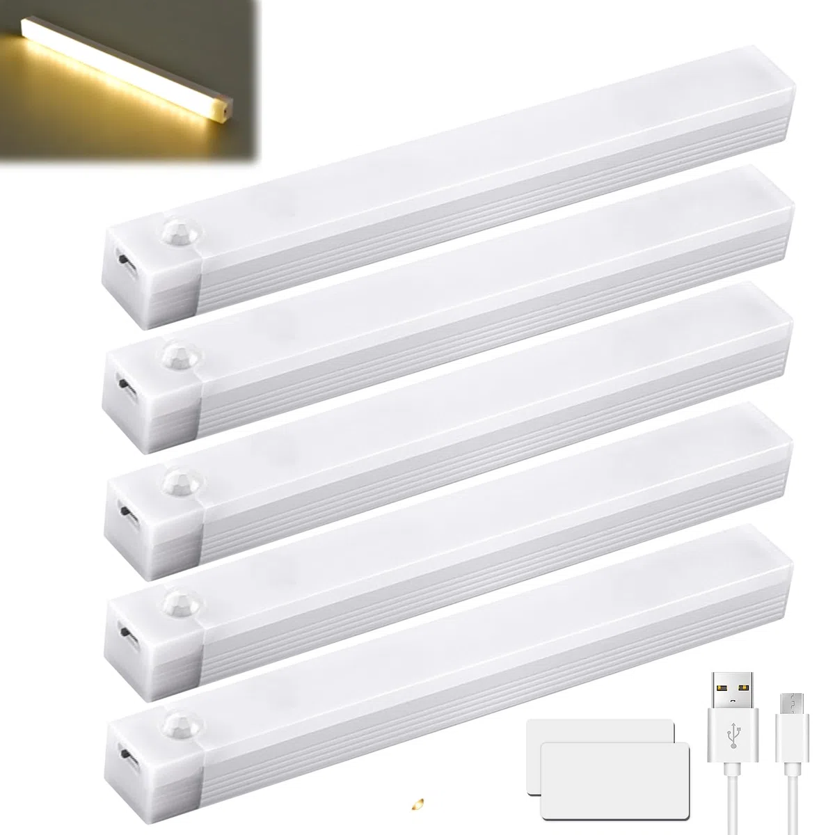 Lampada da incasso LED, 20 cm, 5 pezzi, senza fili, con sensore movimento, ricaricabile USB, 3 temperature colore, dimmerabile, cucina, armadio