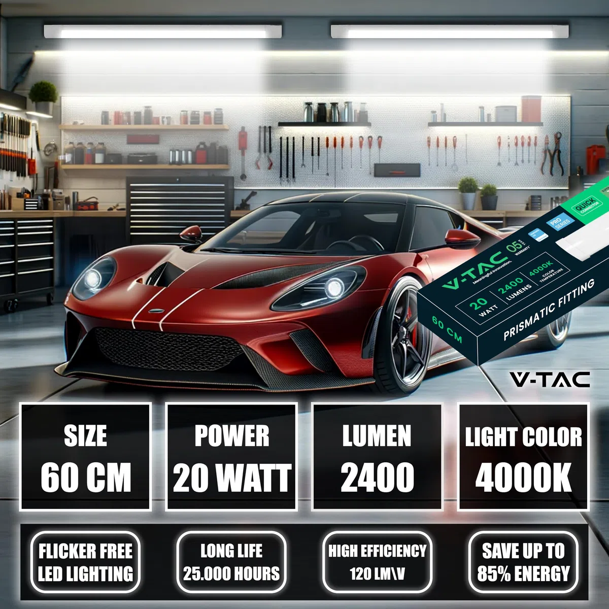 V-TAC 2x Plafoniera LED Lineare da Soffitto 60 CM - 20W - Chip Samsung - Lampada Rettangolare 2400 Lumen IP20 per Parete, Garage, Negozio - Tubo LED - Luce Bianca Naturale 4000K