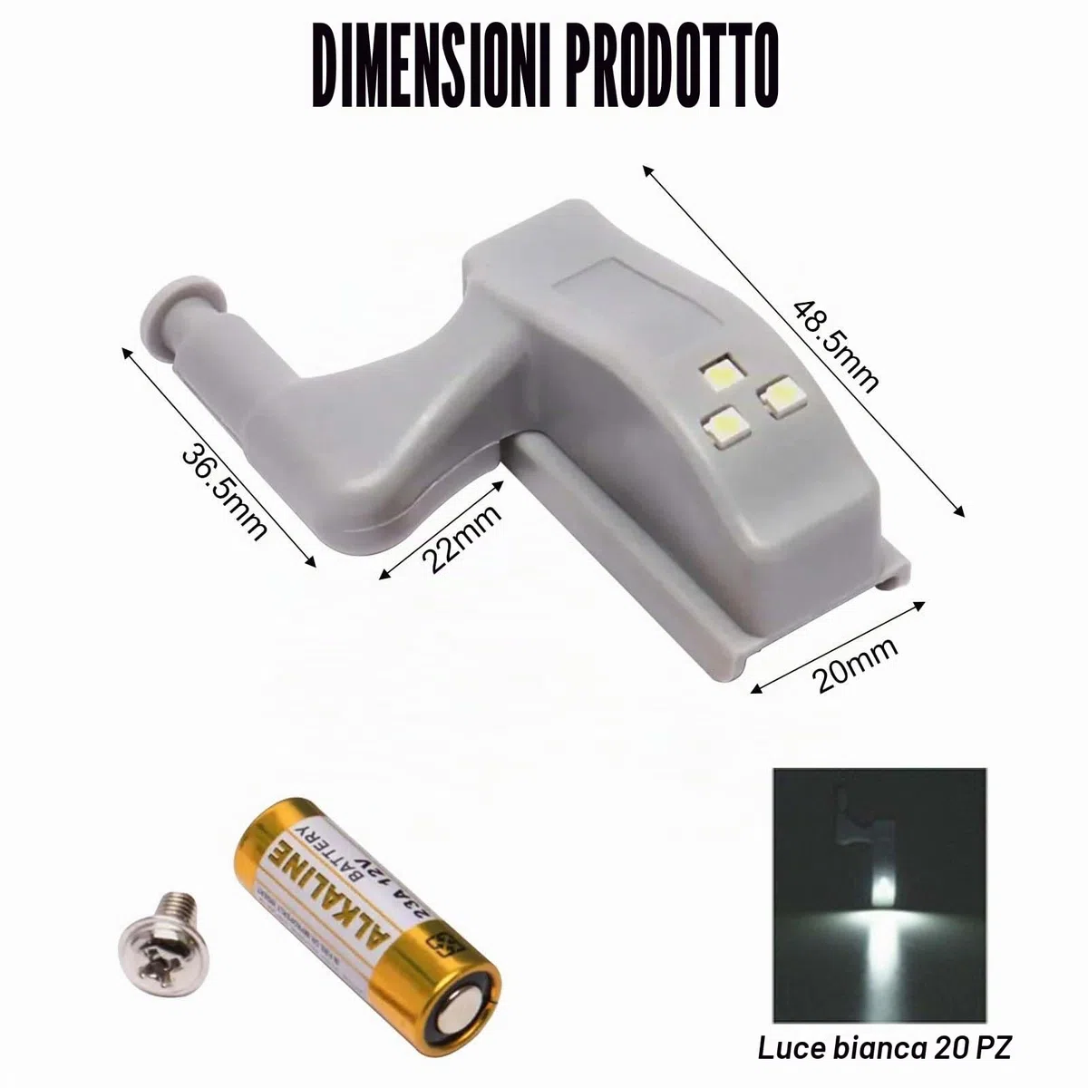 20 luci a LED con cerniera, sensore di luce LED universale per cerniere interne (bianco), luce LED con sensore di luce, funziona a batteria per armadi e armadi
