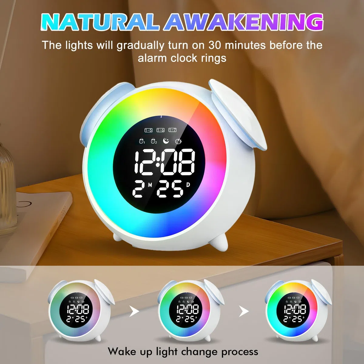 PORFOYO Sveglia luminosa per bambini, sveglia con 7 melodie musicali, simulatore di alba, allenamento digitale, 4 livelli di luminosità