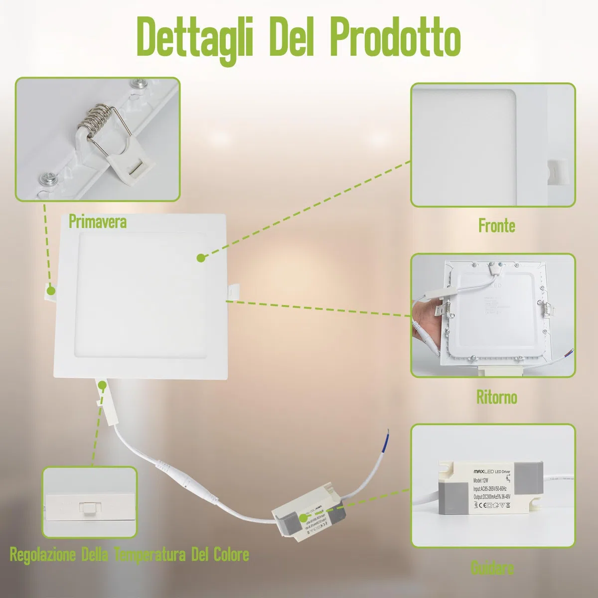 Faretti LED Incasso Cartongesso 12W 960LM Luci Soffitto Interno 120º 3CCT 3000K/4000K/6000K Faretto LED Incasso IP44 Non Dimmerabile Diametro Foro 155 x 155mm AC 230V