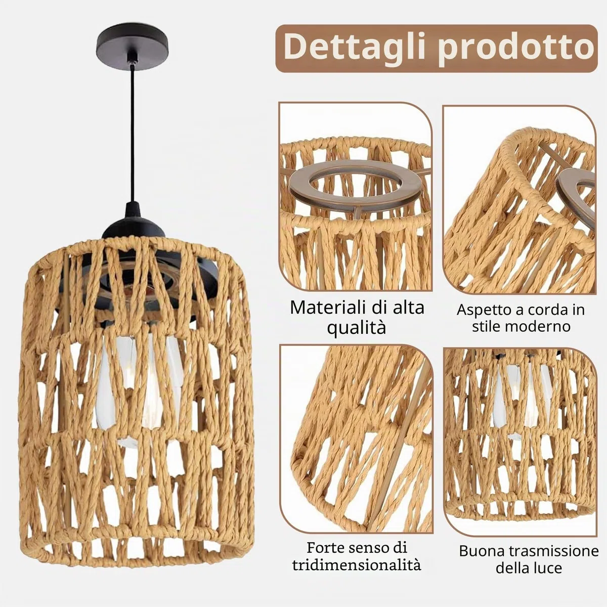 2 Pezzi Paralume in Rattan Boho, Paralume a Cilindro in Rattan per Lampada a Sospensione, Soffitto, da Terra e da Esterno – Tessuto a Intreccio Manuale, Design Moderno e Atmosafera Accogliente