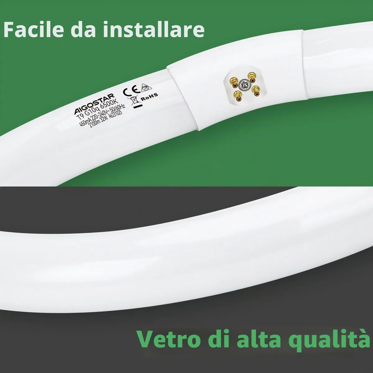 Aigostar - T9 Lampadina Fluorescente Attacco G10q, 32W 2100lm 30cm, Luce Bianca Fredda 6500K, Circolare, Vetro.