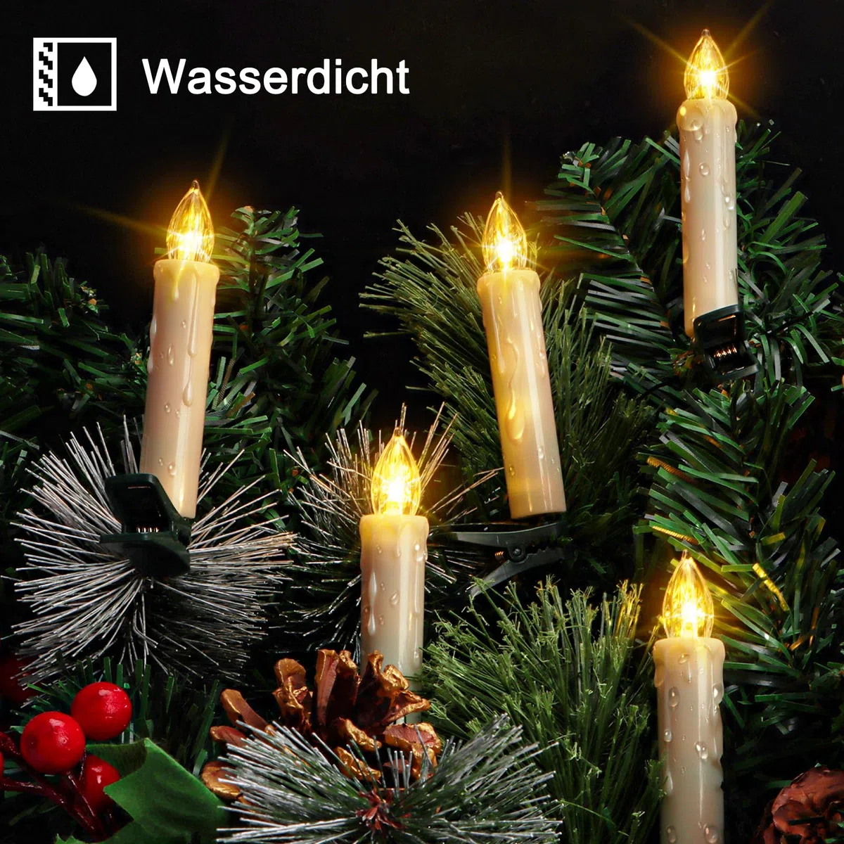 FREEPOWER 10 Candele LED Albero di Natale con Telecomando Timer Fiamma Tremolante, Senza Fili, Luce Bianca Calda, Dimmable, Interni Esterni Impermeabili, Decorazioni Natalizie（Include 10 batterie）