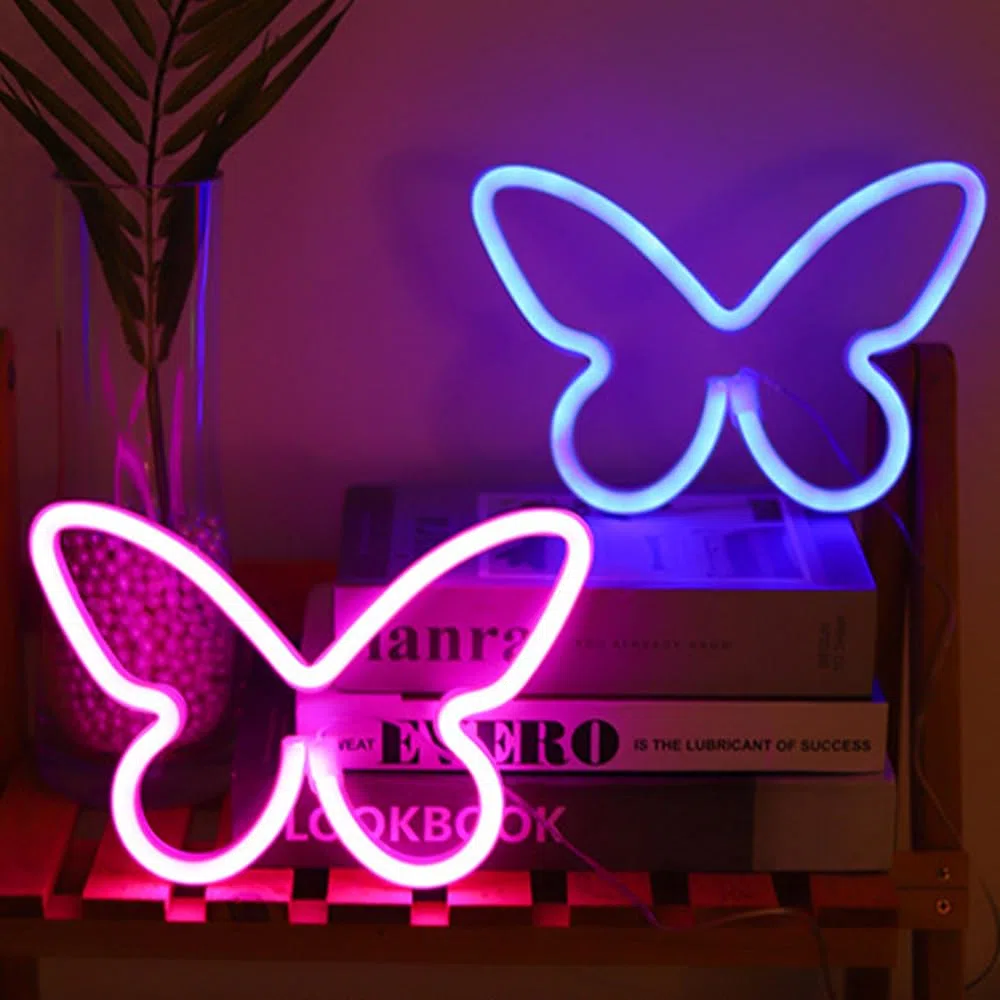 2 pezzi di luce al neon a LED Insegne al neon a farfalla Luci notturne per la casa per la camera da letto dei bambini Lampade decorative Arte della parete Regalo di compleanno di Natale romantico