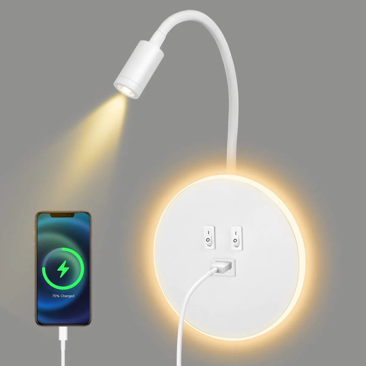 Weigudoc Lampada da Lettura a Collo D'oca a LED, Lampada da Parete, Lampada da Lettura da Comodino, Lampada da Parete Regolabile da Comodino con Porta di Ricarica USB e Interruttore(White)