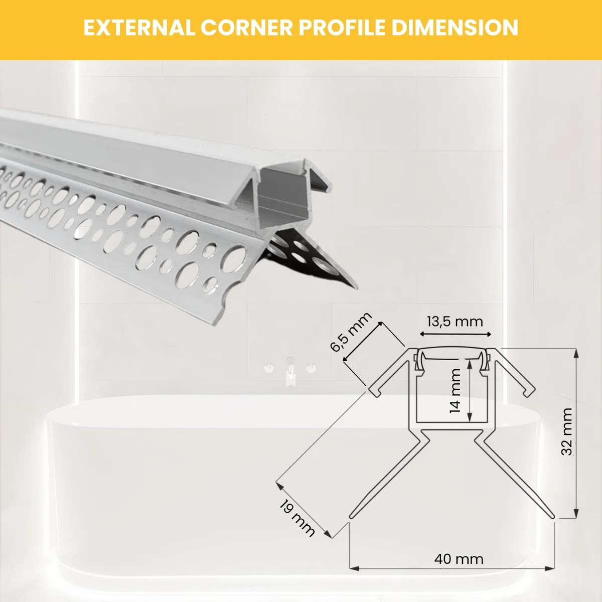 Evotrade Profilo Per Piastrelle Ceramic Line Con Canalina Per Illuminazione Led Barre 2m Incasso A Scomparsa + Cover Luce Continua (Angolo Esterno)