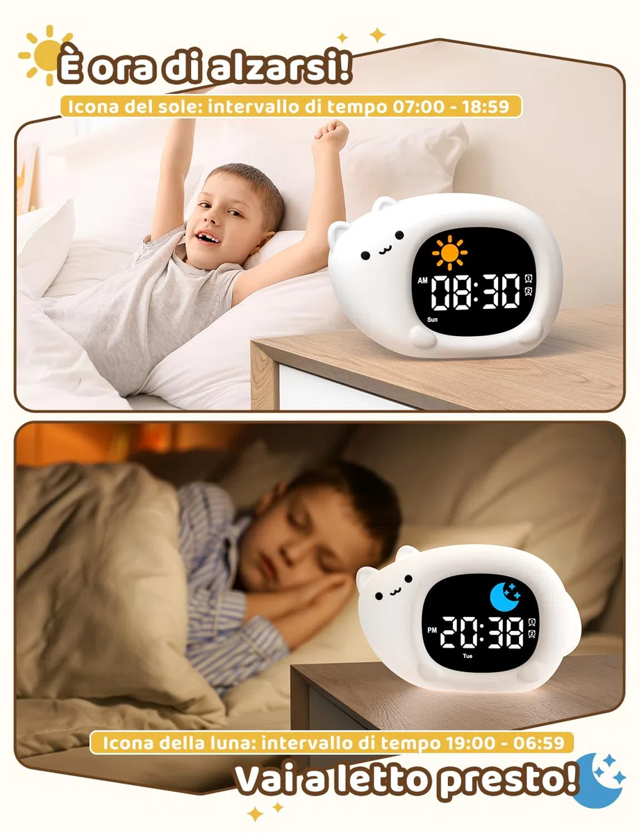 YISSVIC Sveglia Bambino Educativo Giorno Notte 2 Allarmi 12/24 Ora Snooze 10 Canzoni Luminosità dello Schermo Regolabile Sveglia Luminosa 7 Colori Spegnimento Automatico, Forma di Gatto