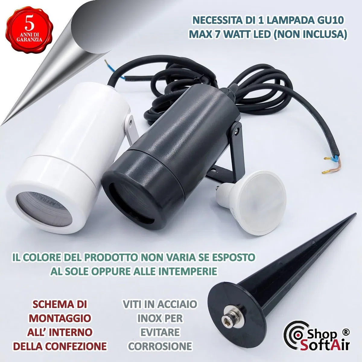 Faretto Led da Giardino Proiettore Nano con Picchetto Parete Muro Terra per Esterno Bianco Antracite per Lampada Gu10 in Abs resistente alla Salsedine (E-NANO BIANCO)