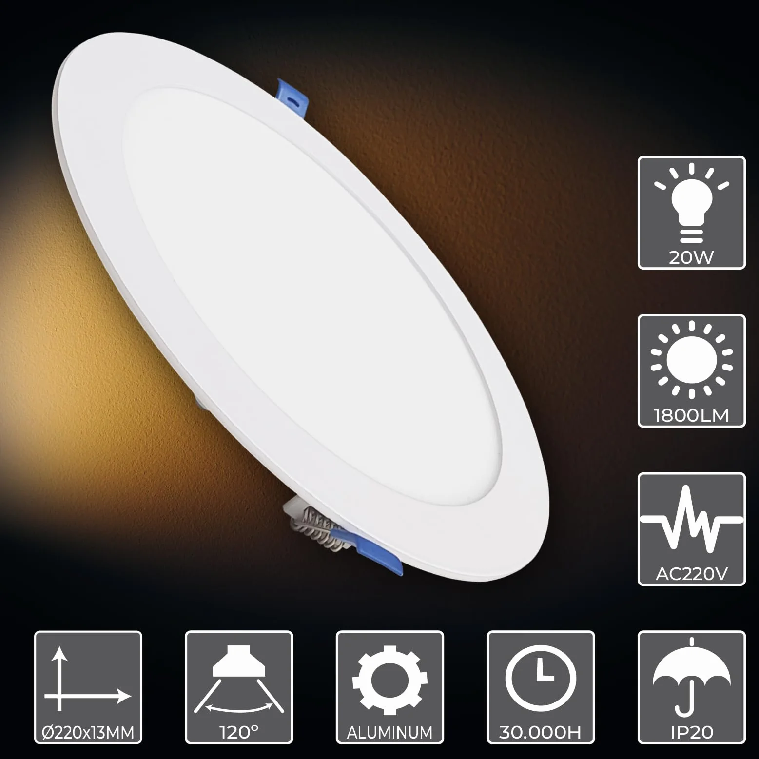 LED ATOMANT Confezione da 2 Pannello LED Downlight da Incasso Rotondo Piato 20W 220mm 1800lm, Colore Bianco Freddo (6500K), Driver incluso