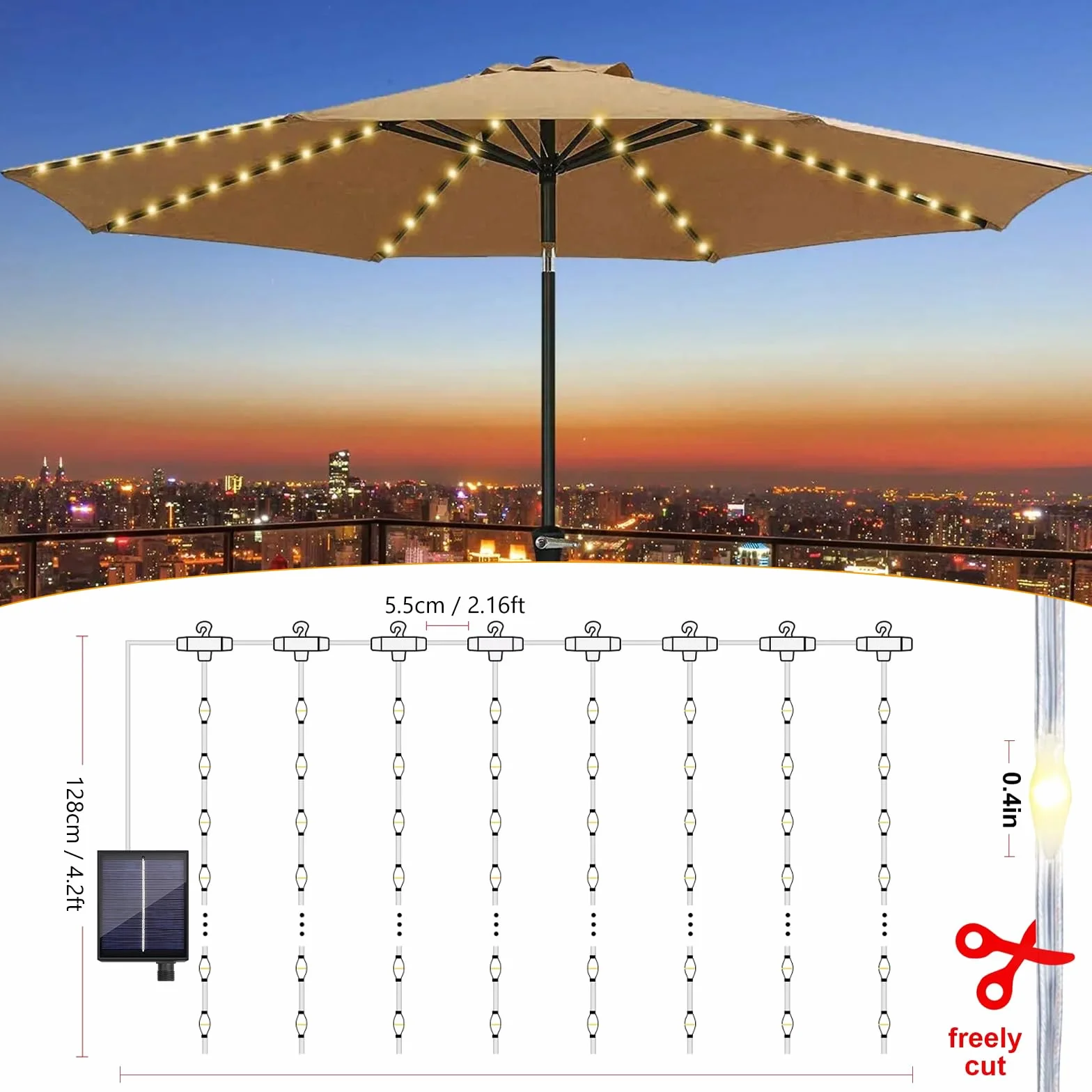 Asfrode Illuminazione solare per ombrellone, 104 LED, luci da giardino impermeabili, 8 modalità, funzionamento a batteria, catena luminosa con telecomando