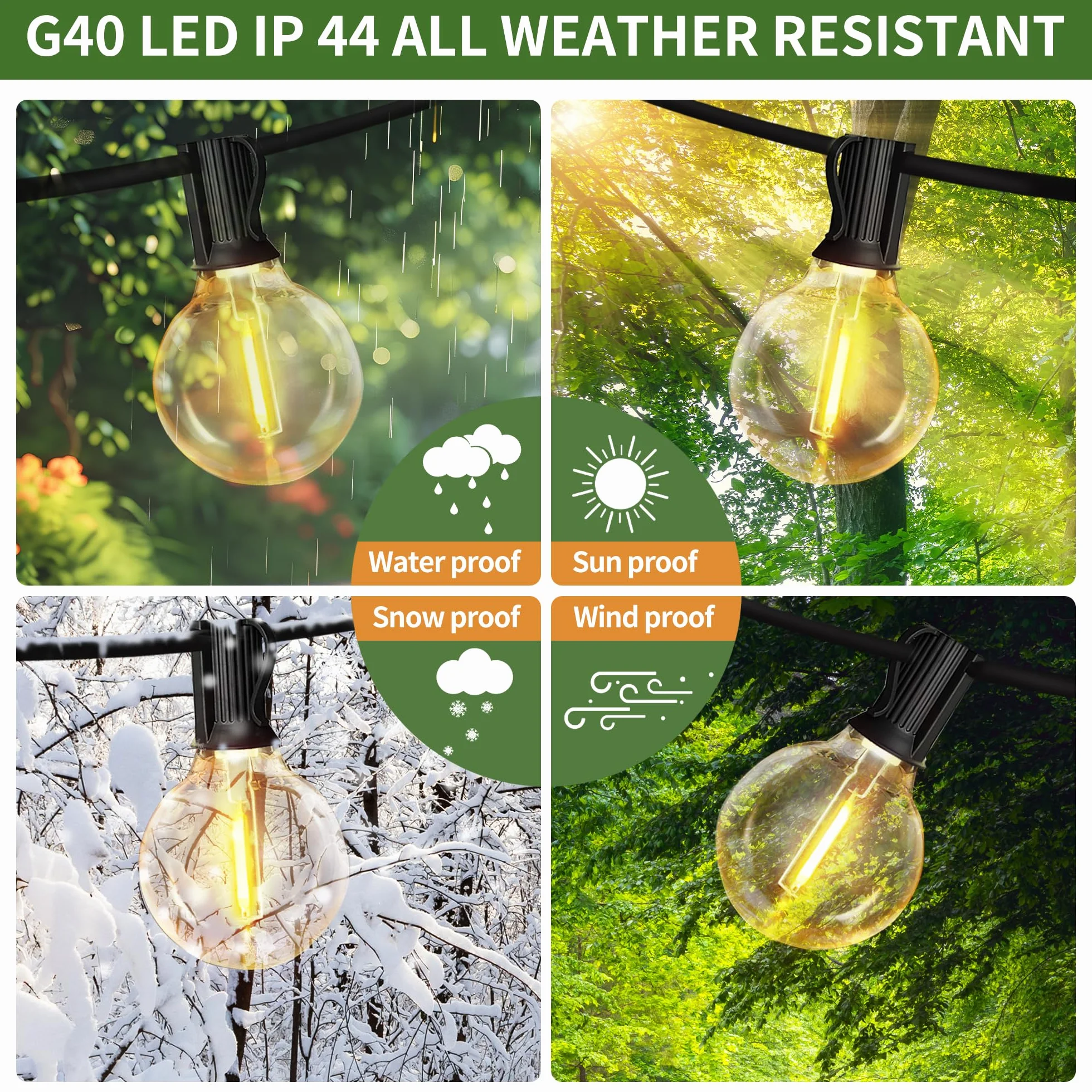 Catena Luminosa Esterno15M, G40 LED Luci da Esterno Giardino Luce da esterno Giardino Impermeabile IP44 Luci Esterno, Adatta per Festival, Matrimoni, Feste, Giardini, Terrazze