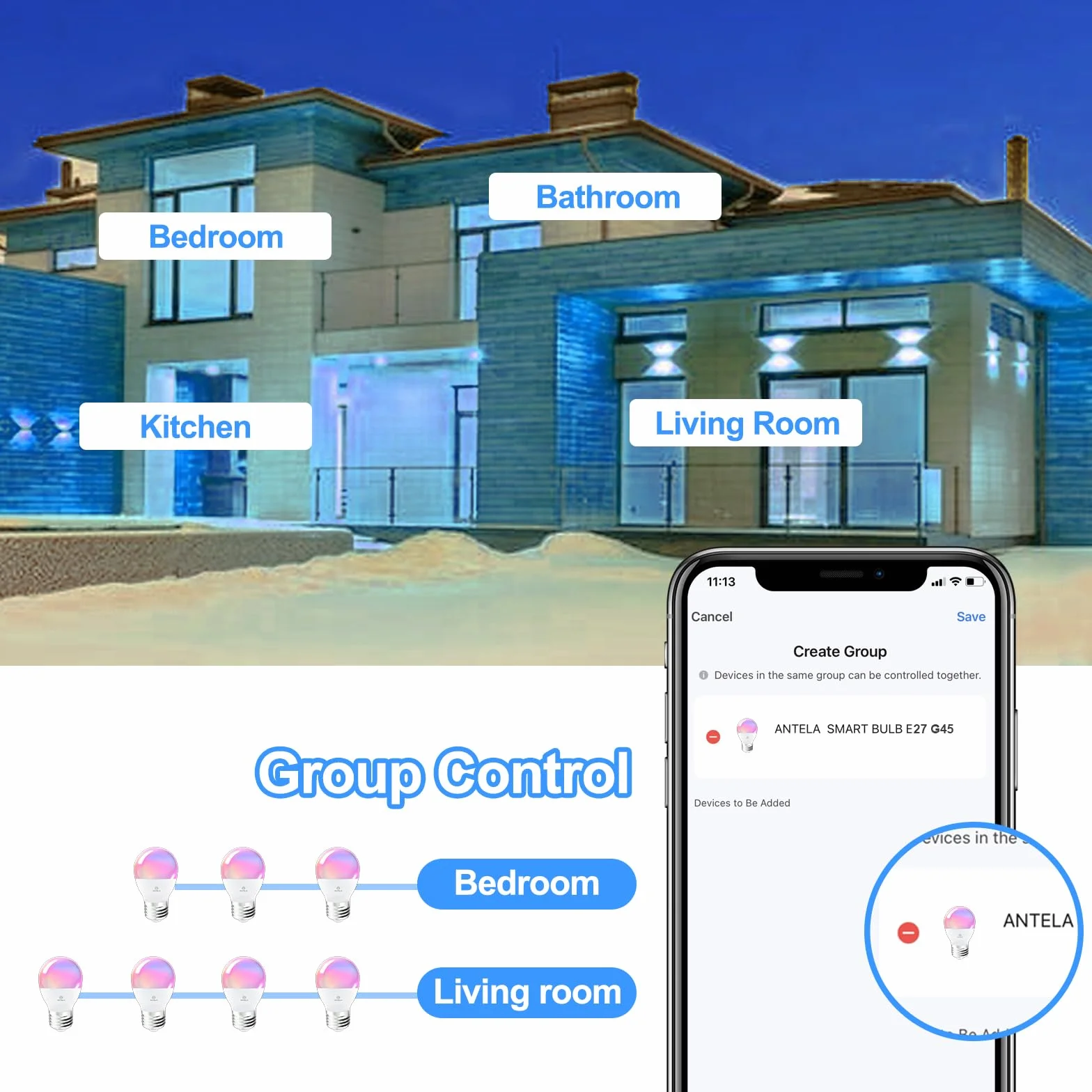 ANTELA Lampadine LED Alexa Inteligente WiFi E27 G45, 4,9W 470LM Dimmerabile RGB & 2700K-6500K Bianco Freddo Caldo, Compatibile con Alexa/Google Home, 2Pezzi