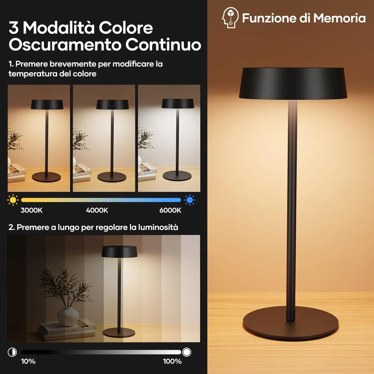 Suright Lampada da Tavolo Solare Senza Fili, Lampada da Comodino Ricaricabile a Energia Solare e USB-C, 3 Modalità Colore, Luminosità Regolabile, IP65 Impermeabile per Uso Interno ed Esterno
