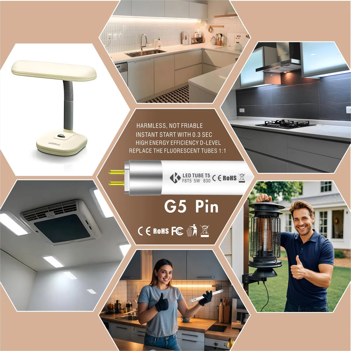 Tubo LED Plug & Play T5 da 30,5 cm, 288 mm, 5 W, 3000 K, 680 lm, funziona con alimentatori ECG/CCG e sostituisce tubo fluorescente da 30 cm T5 8 W, adatto per cucine, illuminazione di emergenza
