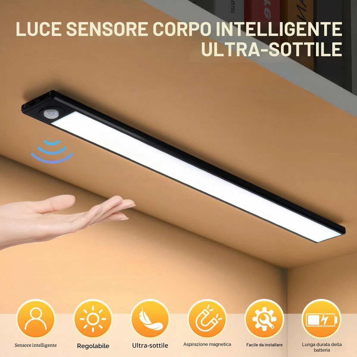 Luce Armadio LED con Sensore, Lampada Guardaroba Luce da Esposizione USB, Led Sottopensile Dimmerabile, Luci Notturne LED Armadio Senza Fili, Lampada Magnetica per Cucina Garage Corridoio (Nero)