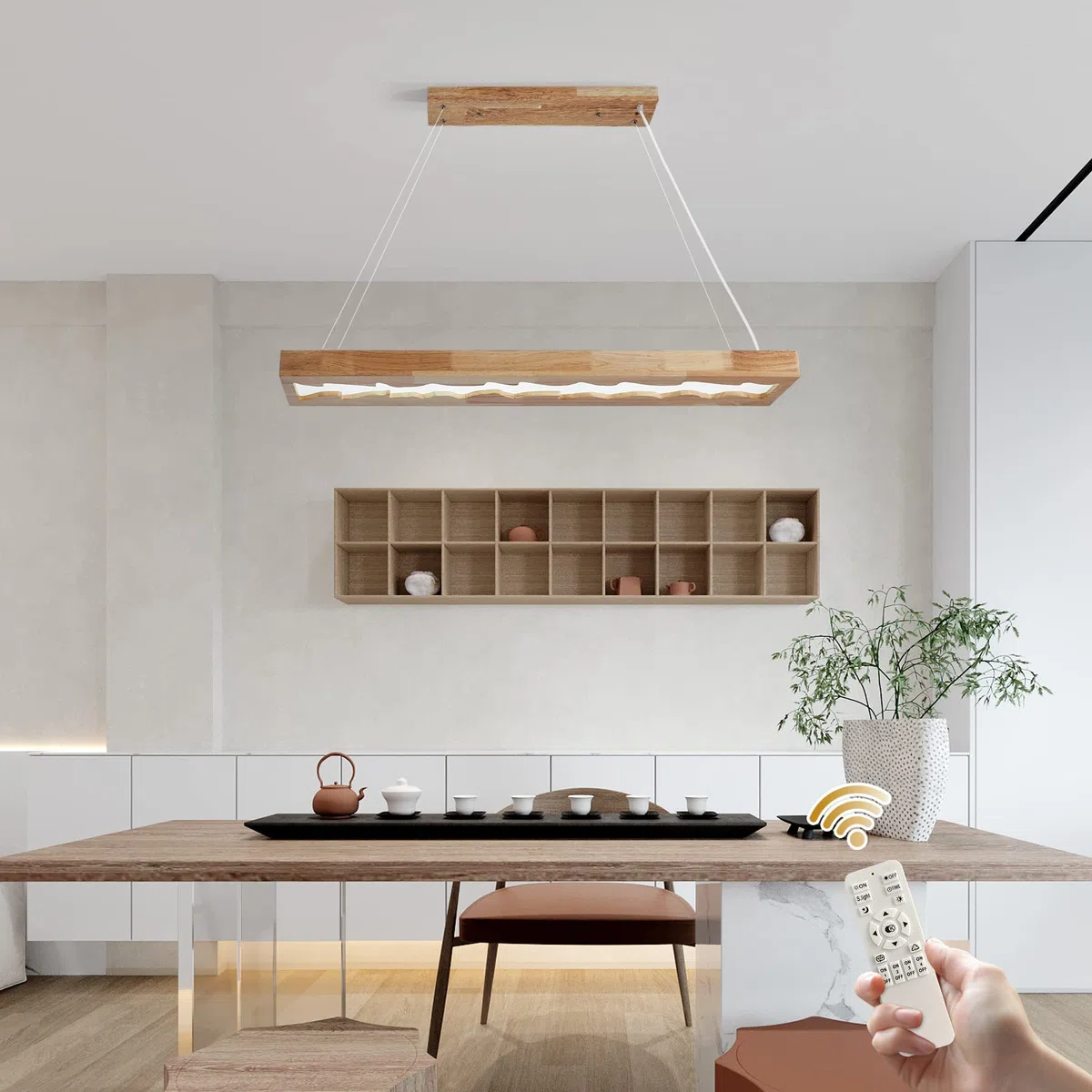 Lampada a sospensione a led in legno, lampada a sospensione rustica in legno dimmerabile per tavolo da pranzo, altezza regolabile, 40W, 100 CM