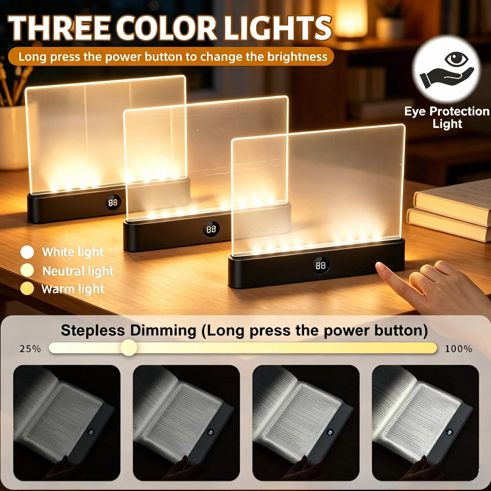 Lampada Libro Piatta, Luce per Libri a LED Intelligente, Portatile Lampada da Lettura Con Timer e Luci a 3 Colori, Ricaricabile Lampada Lettura a Pannello per la Lettura Notturna