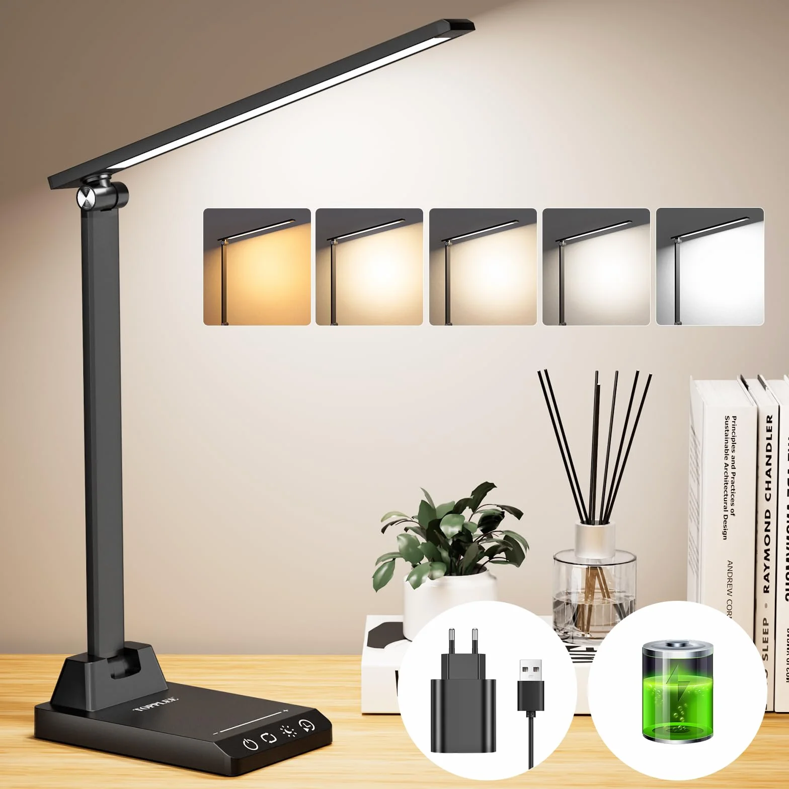 Lampada da Tavolo, Lampada da Scrivania con 2500mAh Batteria, Lampada da Tavolo Senza Fili, 5 Modalità di Luce x 10 Livelli di Luminosità, USB Lampada Scrivania, Timer 30/60min Lampada Led da Tavolo
