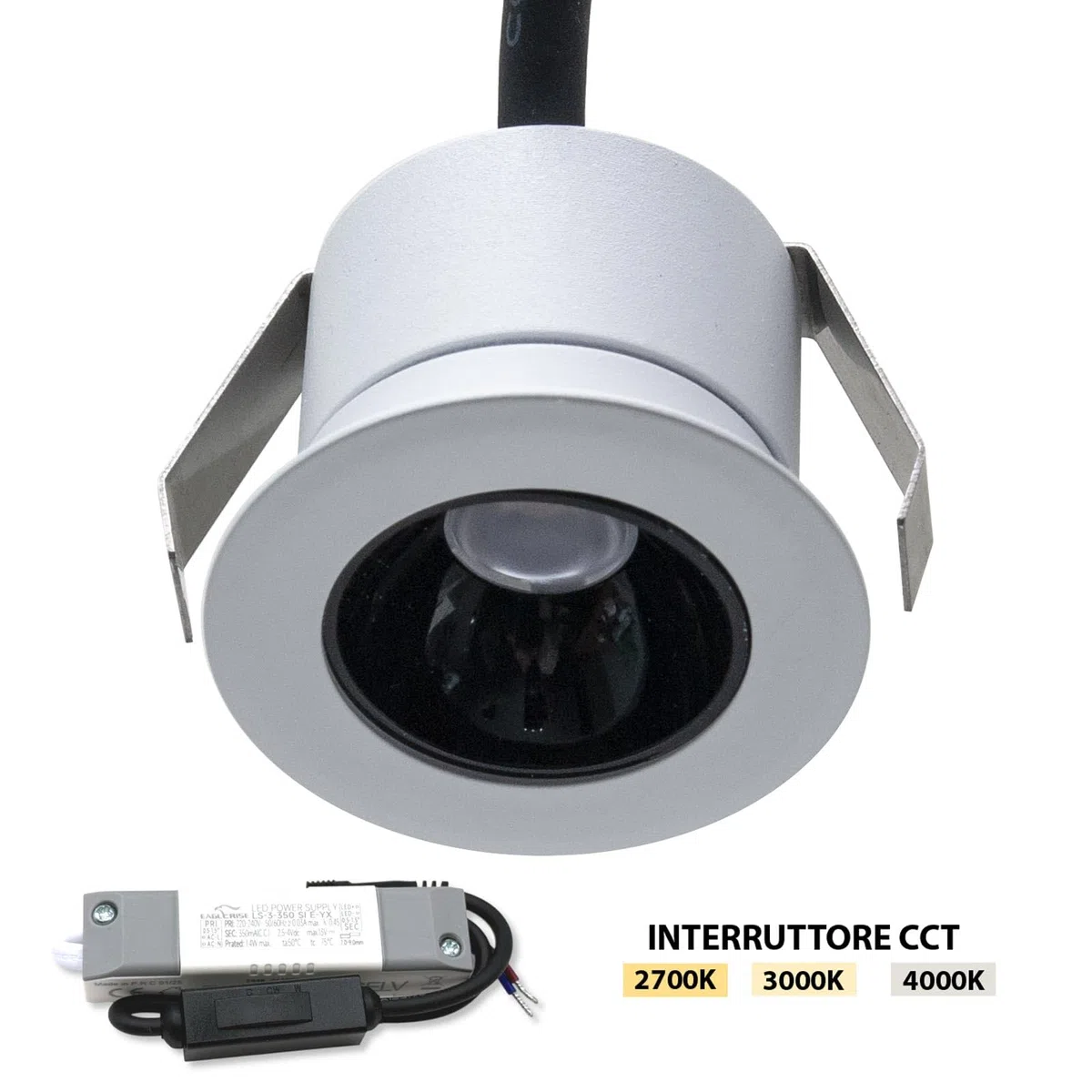 Mini Faretto Bianco Incasso LED 3W CCT da 2700K a 4000K Luce SPOT 26 Gradi Box Doccia Nicchia Bagno IP44 Vetrine, Espositori, Mensole, Ripiani, RA90 alimentazione 230V