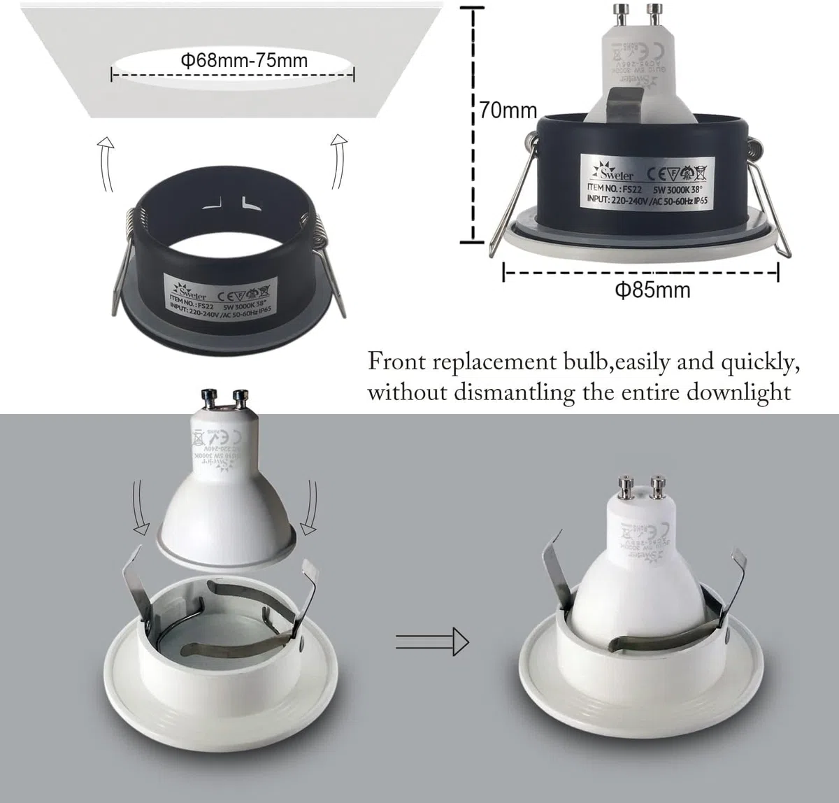 IP65 Faretto da Incasso per Bagno, Colore Bianco (Lampadine non Incluse), GU10 Impermeabile (Incluso Attacco GU10), AC 220-240 V, Apertura 68 mm, Confezione da 1 Pezzo