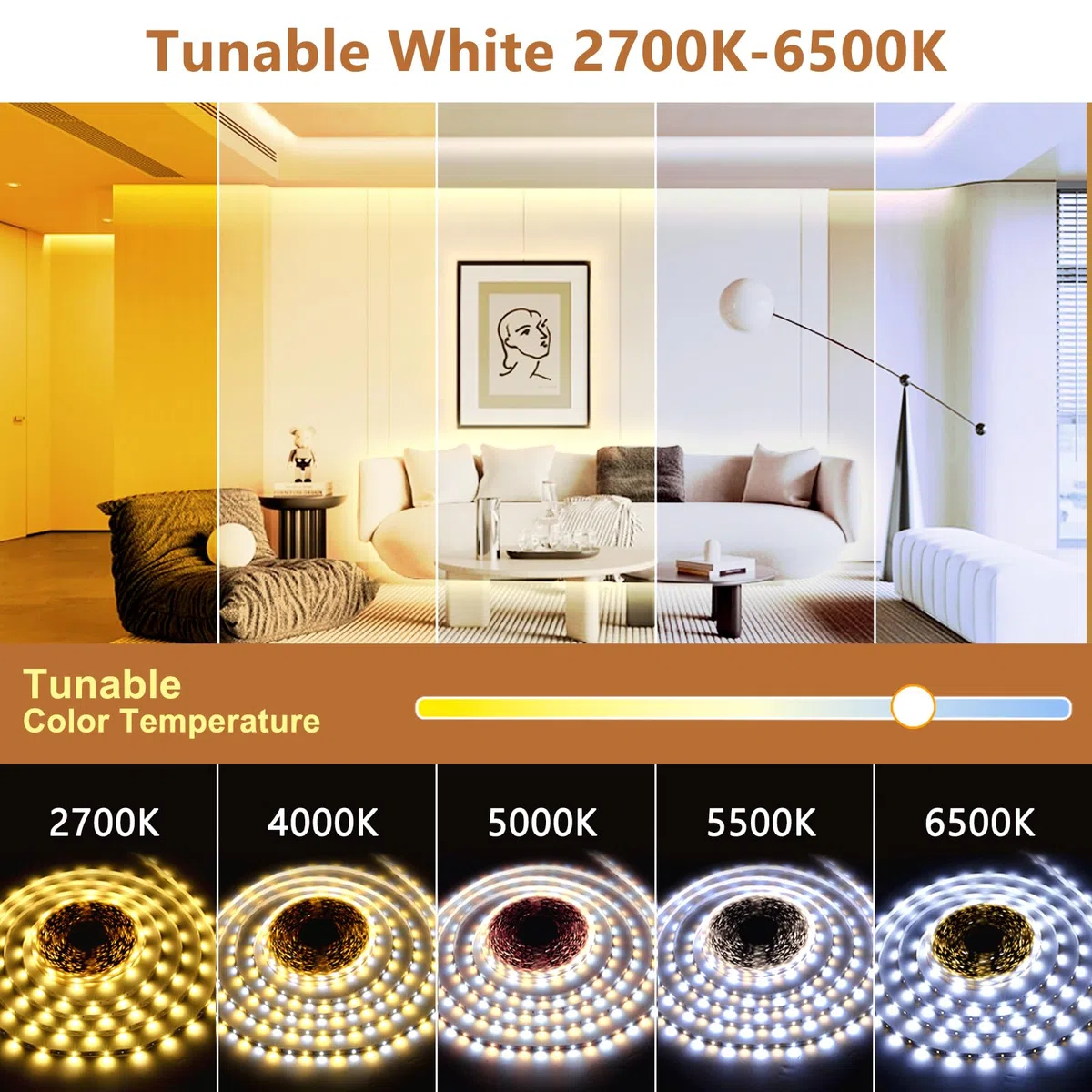 Wefomey Striscia luminosa a LED bianca, 100 piedi dimmerabile, 24 V, con controllo remoto e app, 2700 K - 6500 K, 1440 LED, per camera da letto, cucina, appartamento (1 rotolo o 100 piedi)