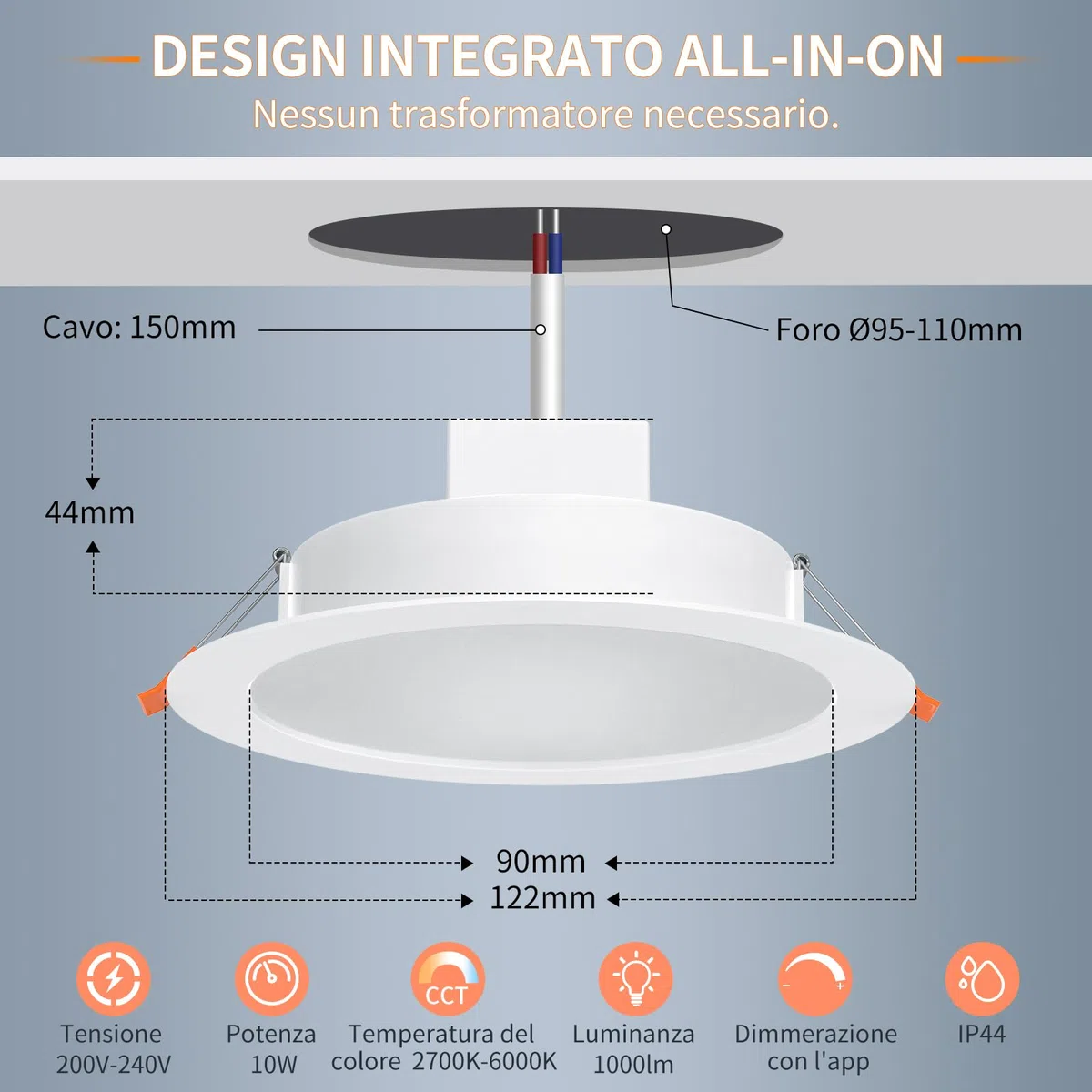 DUSKTEC Faretto da incasso a LED, 230 V, dimmerabile, con Alexa 10 W, set da 1