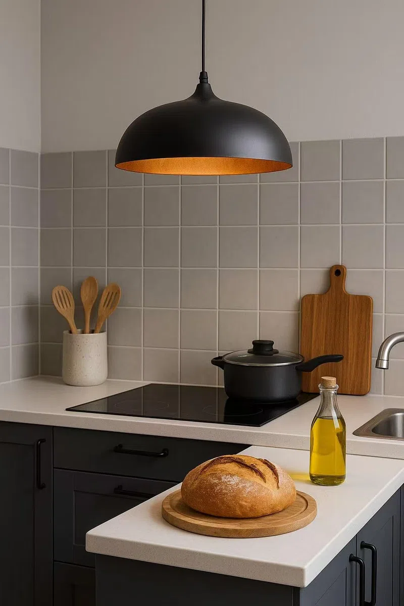 Lampadario a sospensione stile contemporaneo in metallo pendente a cupola attacco E27 luce tavolo cucina di colore nero o bianco Ø35 cm (NERO) B90-N