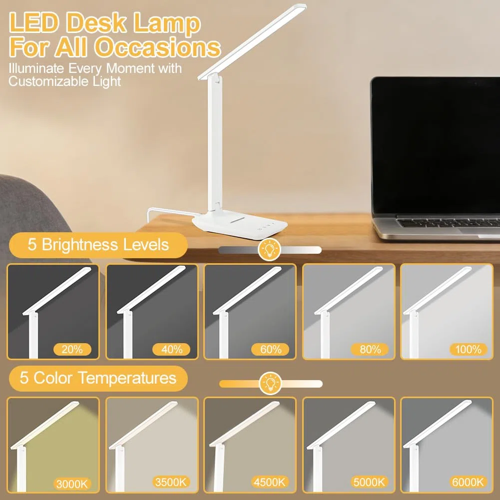 Lampada da scrivania, Lampada da Tavolo, Lampadas da lettura con porta USB, 5 Colori e 5 Livelli di Luminosità,Timer e Tocca Controllo,Lampadas da comodino pieghevole per lettura,lavoro,Ufficio