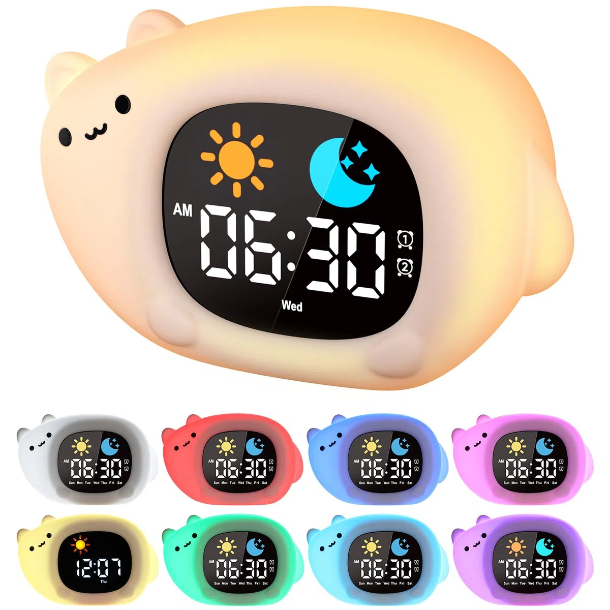 YISSVIC Sveglia Bambino Educativo Giorno Notte 2 Allarmi 12/24 Ora Snooze 10 Canzoni Luminosità dello Schermo Regolabile Sveglia Luminosa 7 Colori Spegnimento Automatico, Forma di Gatto