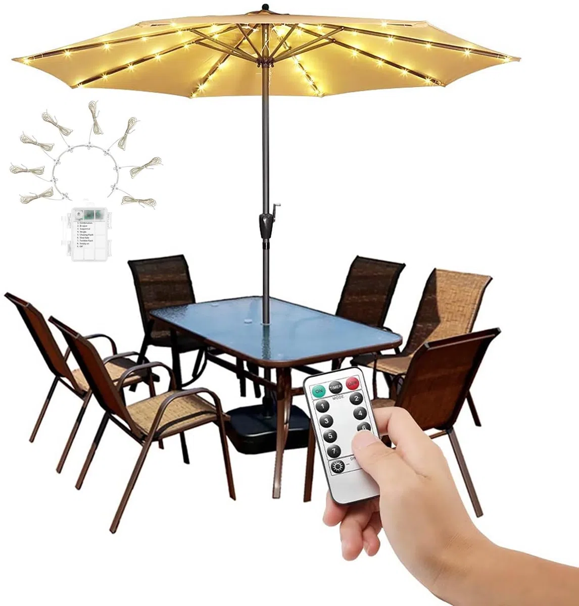 Catena di luci per ombrellone, 104 LED, 8 modalità, funzionamento a batteria, luci decorative, tenda da campeggio (bianco caldo)
