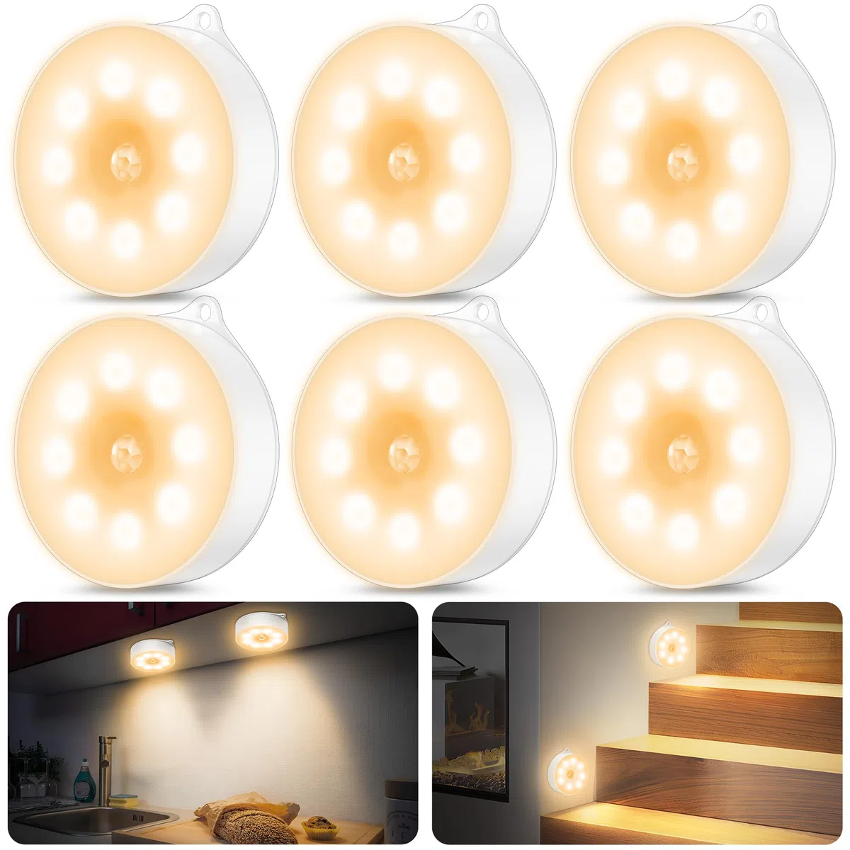 daphomeu 6 pezzi Luce notturna con sensore di movimento, 3 batterie AAA, illuminazione dell'armadio, sensore di movimento de interno per scale, camera da letto, cucina, sottopensile .(luce calda)