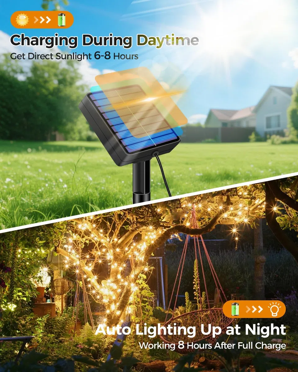 btfarm 2 Pezzi Luci Solari Esterno, 6M 60LED Catena Luminosa Esterno Solare IP65 Impermeabile, 8 Modalità Lucine Natale Esterne Energia Solar Decorative per Giardino Albero Patio, Bianco Caldo