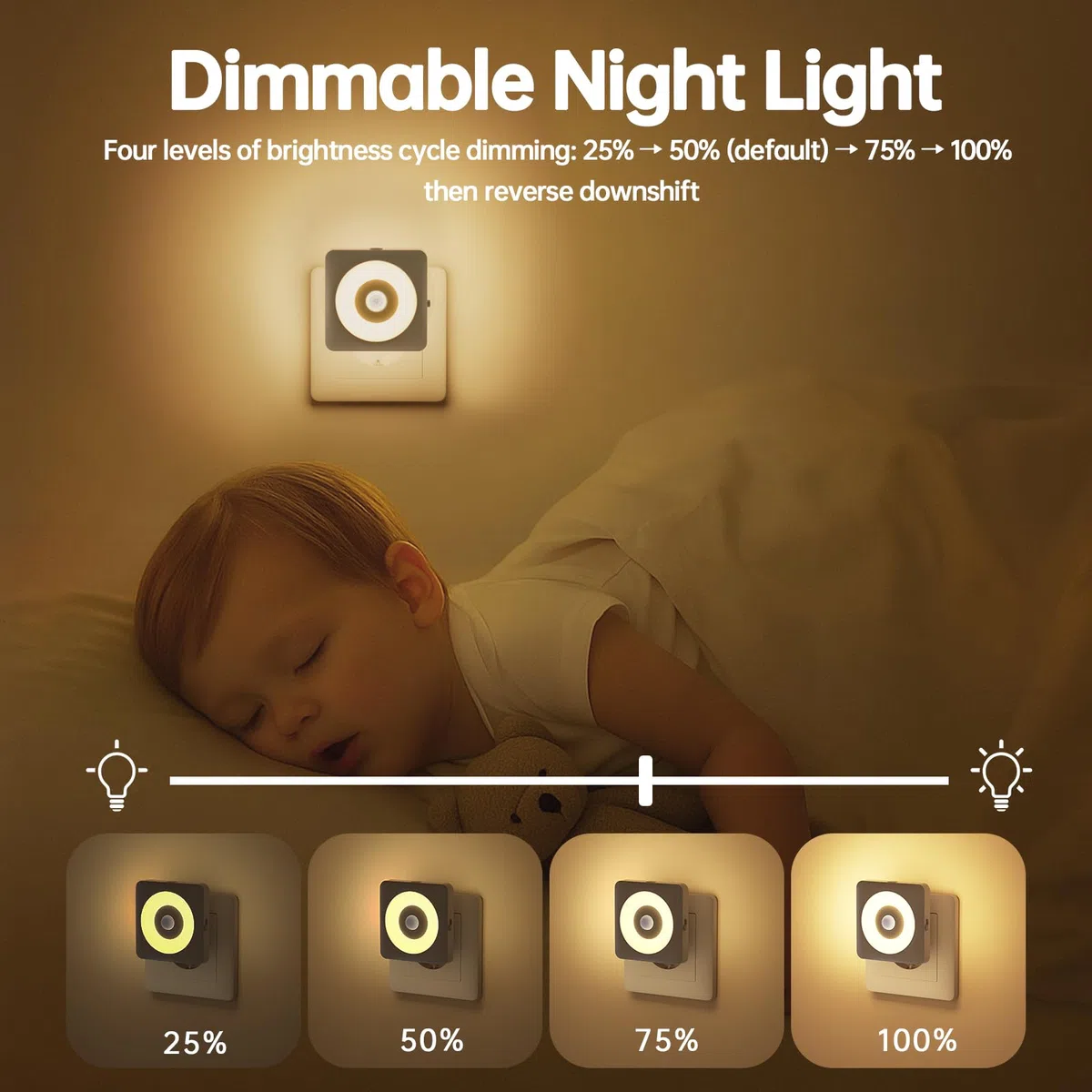 Luce Notturna Bambini da Presa, [2 Pezzi] 2700K Luci Notturne con Sensore Movimento Modalità Sensore o Sempre Accesa Regolabile, Certificata CE per Interni da Letto, Soggiorno e Bagno