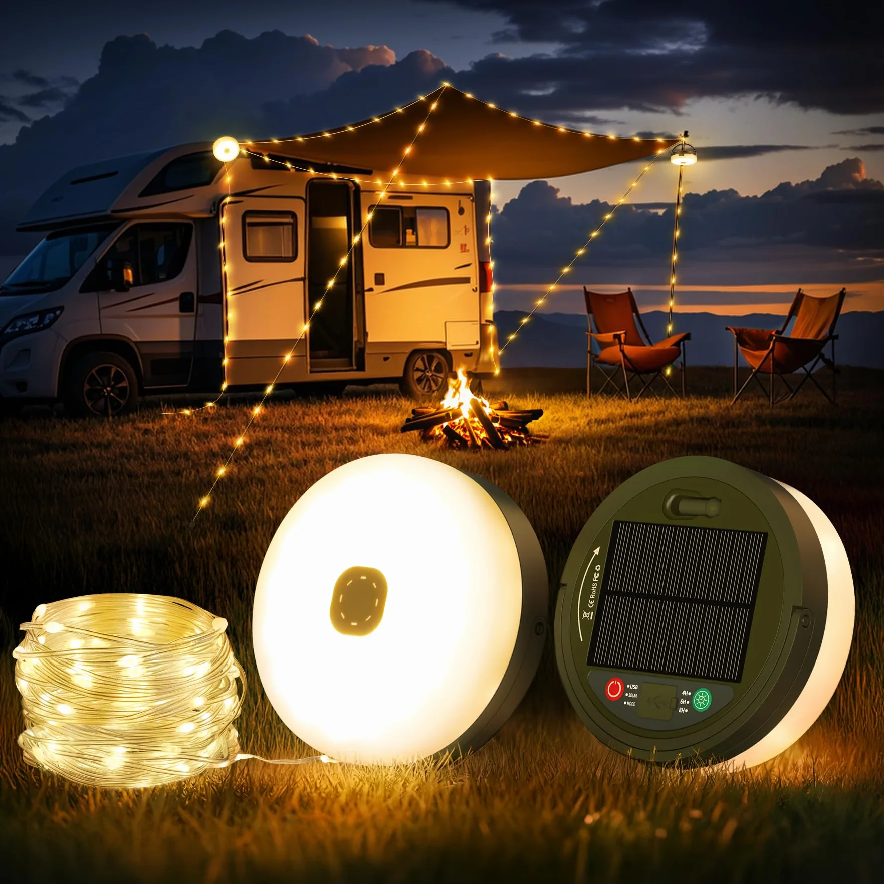 10M Catena luminosa da campeggio arrotolabile, portatile 3 in 1, con 8 modalità di illuminazione, Solari & USB ricaricabile, impermeabile luce da campeggio per campeggio, escursionismo