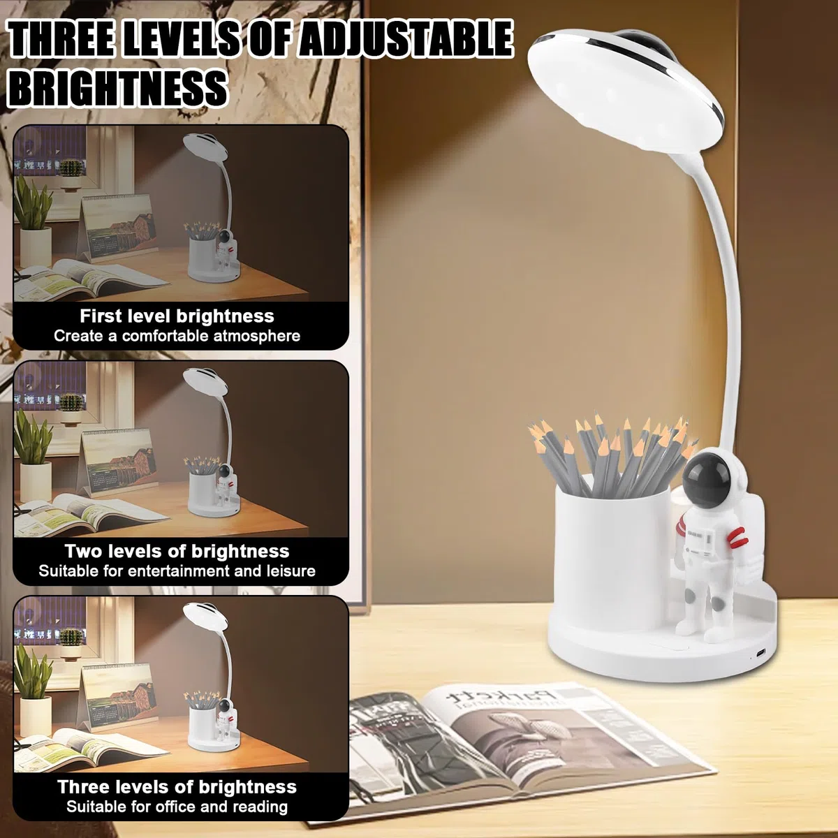 GOMETY lampada da scrivania per bambini, a LED dimmabile con vari livelli di luminosità, ricaricabile, a collo di cigno, lampada da lettura a LED con portapenne