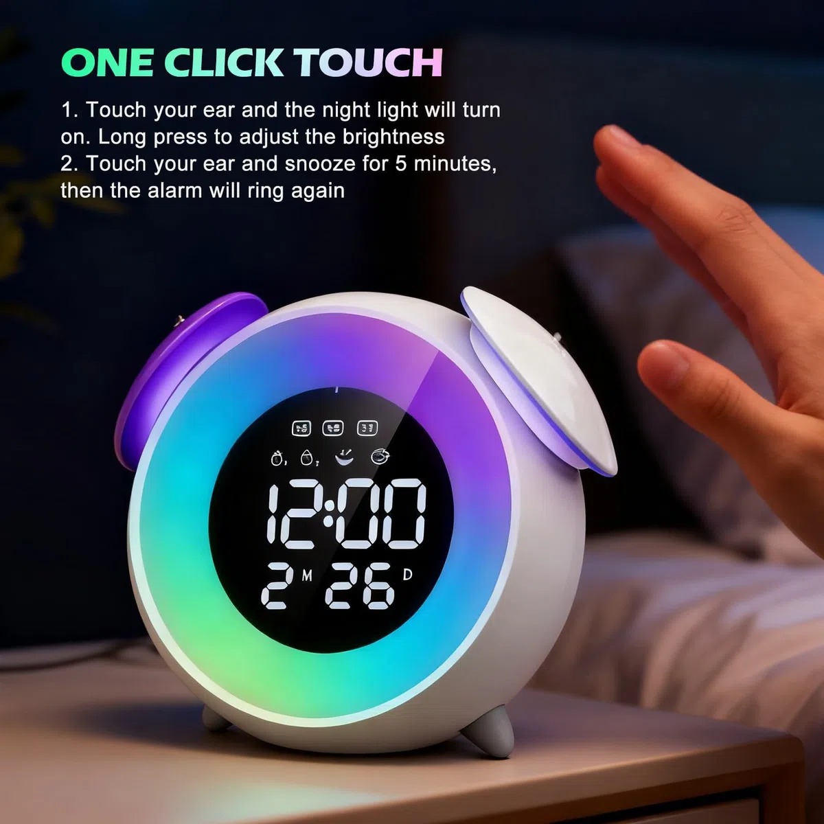 PORFOYO Sveglia luminosa per bambini, sveglia con 7 melodie musicali, simulatore di alba, allenamento digitale, 4 livelli di luminosità