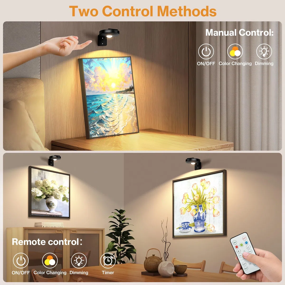 Luce per quadri a batteria, led magnetiche per pittura con telecomando dimmerabile e timer, luci ricaricabili da parete (nero), 3 modalità di illuminazione