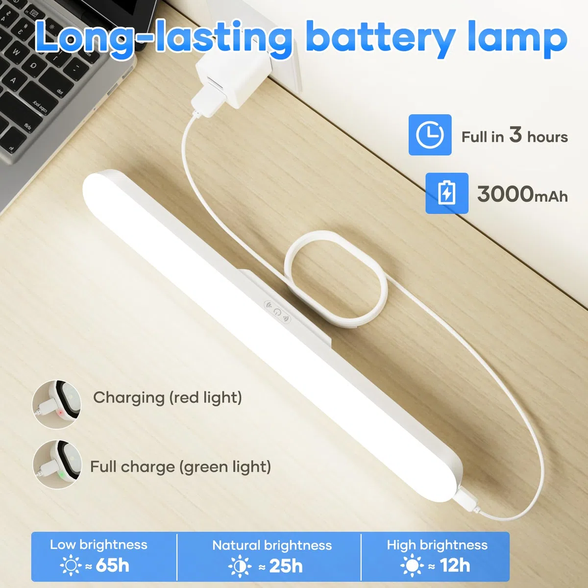 Lampada LED Ricaricabile 3000mAh 32cm,con sensore di memoria,magnete e regolazione della luce Ricaricabile tramite USB. Lampada ideale per camera da letto,armadio,arredamento, cucina e bagno.