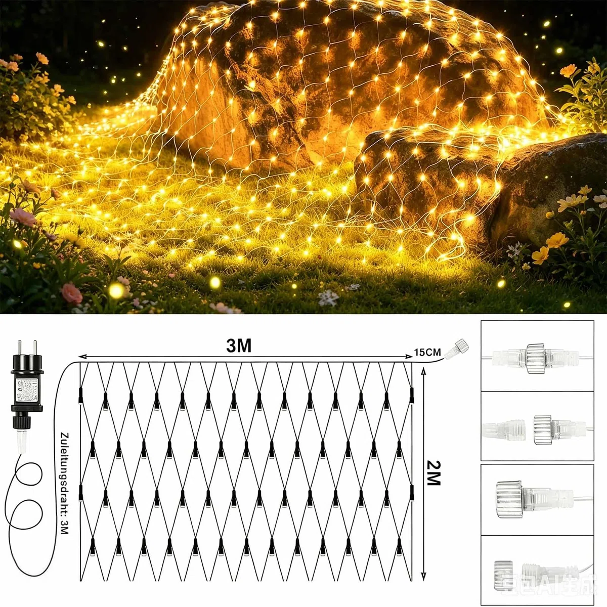 Joycome Rete Luminosa Natale Esterno 3x2M 200 LED Rete Luci con Spina, Timer, 8 Modalità Luci Albero di Natale Impermeabile Tenda Luminosa per Balcone Giardino Soffitto Terrazza - Bianco Caldo