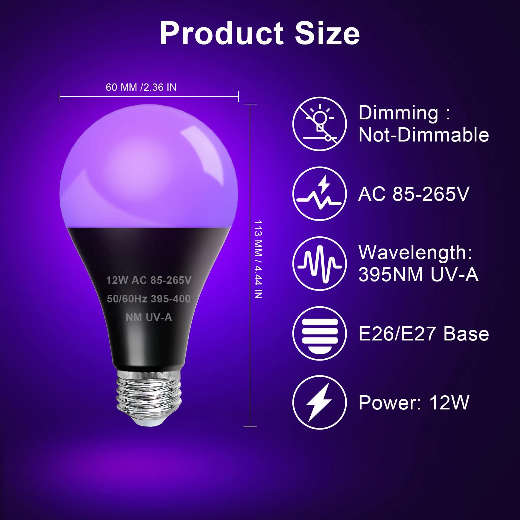 2 Pezzi 12W Lampadine UV LED 395nm, Lampadine UV E27 Luce Nera, Black Light Bulbs per Feste, Discoteca, Club, Body Art, Decorazioni Fluorescenti