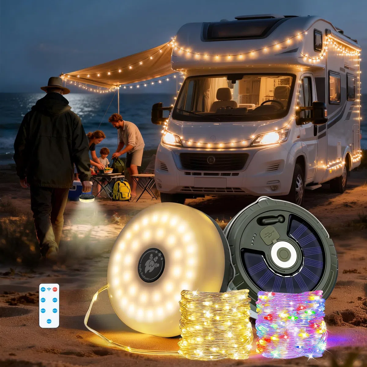 Luci da Campeggio da 10 m, luci Solari da campeggio,Luci LED Ricaricabili Portatili e Retrattili con Telecomando, 5 Modalità, Ricarica USB-C/Solare, Magnetiche, IP44, Bianco caldo, Multicolore