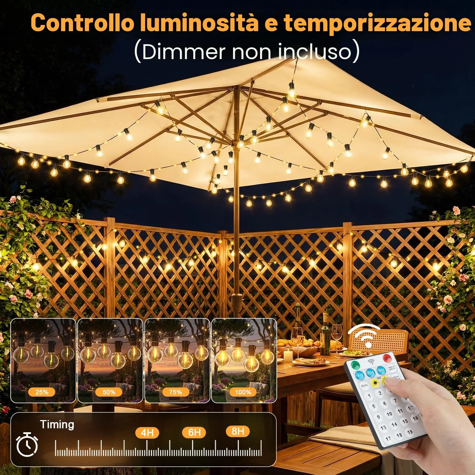 Catena Luminosa Esterno Solare 12M 14+1 G40 Lampadine LED Luci Solari per Esterni 19 Modalità Impermeabile Luci Solari Esterno con 26 LED per Giardino Terrazze Campeggio Patio Gazebo Matrimonio Feste