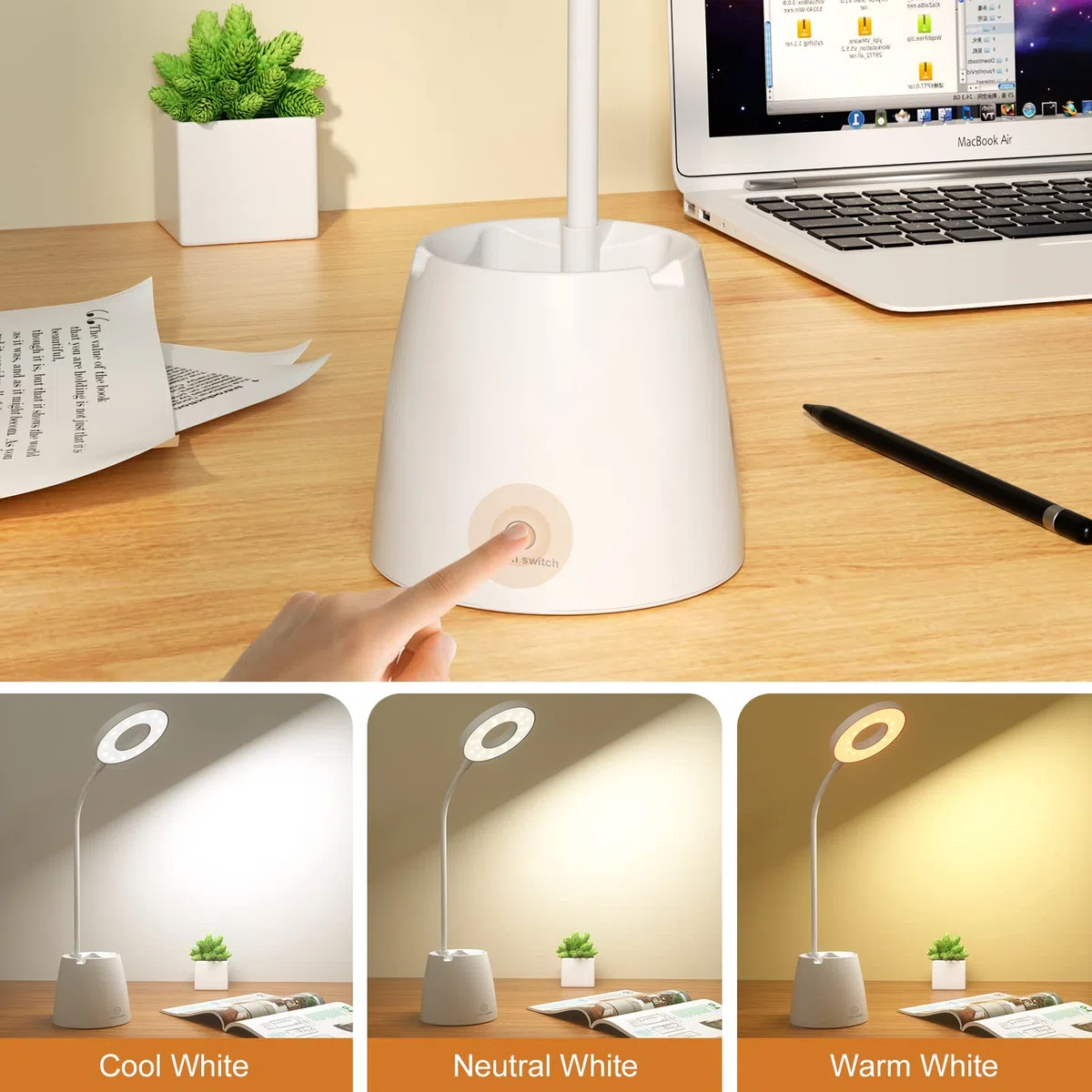 Lampada da Scrivania LED, Lampada da Tavolo con Occhi-Cura, Lampada da Lettura Dimmerabile con 3 Modalità di Illuminazione, Lampada Scrivania Ricaricabile Girevole con Portapenne