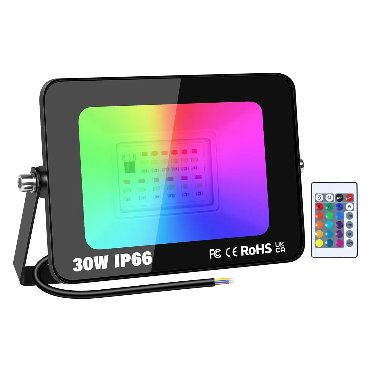 RIGIDON 1 pezzi 30W Faretto LED RGB con Telecomando, Proiettore 16 Colori 4 Modalità Funzione di Memoria Proiettore da Interno Esterno, Impermeabile IP66 Faretti LED per Halloween Natale Giardino