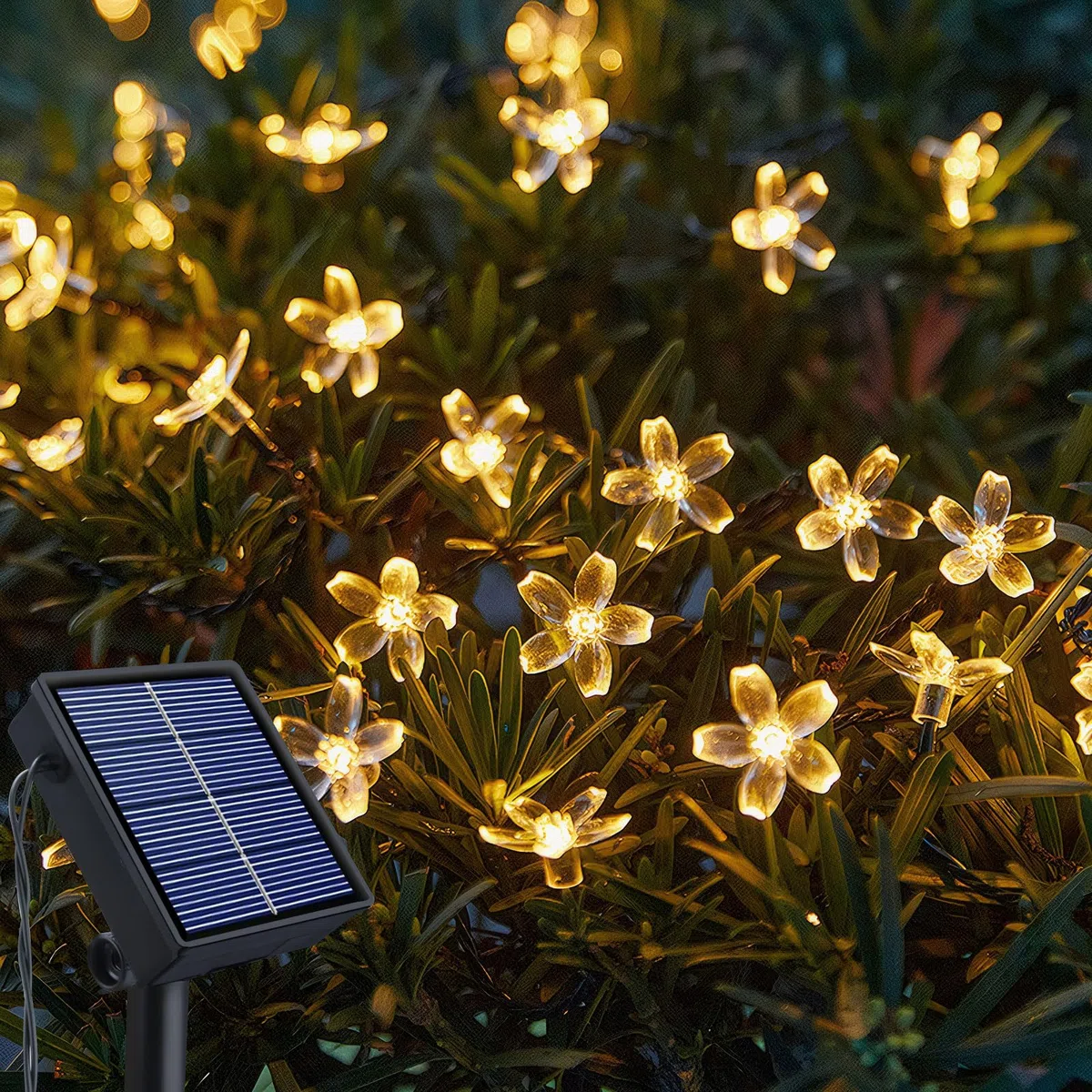 Fohil Catena Luminosa Esterno Solare, 12M 100 LED Fiori di Ciliegio Luci Solari Esterno 8 Modalità IP65 Impermeabile Luci Solari Decorative per Giardino Festa Natale Halloween Decorazione