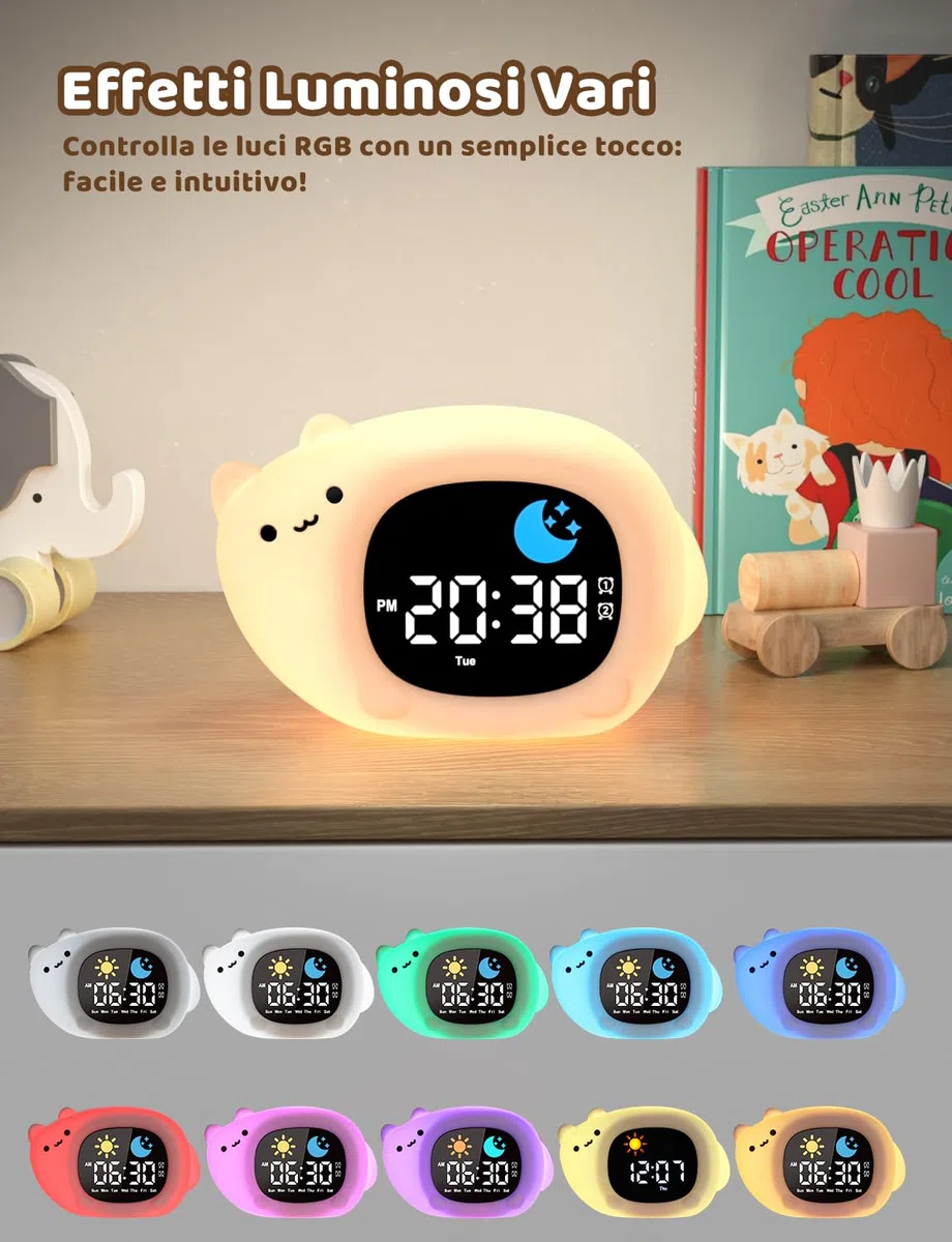 YISSVIC Sveglia Bambini Educativa Giorno Notte con 2 Allarmi, Luminosità Regolabile, Formato 12/24h, Snooze e Luce Notturna 7 Colori Include 10 Melodie - Gatto